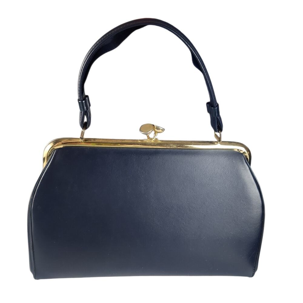 Vintage 1950s 60s Blue Kiss Lock Handbag Gold Frame Top Handle Retro Mad Men Pur